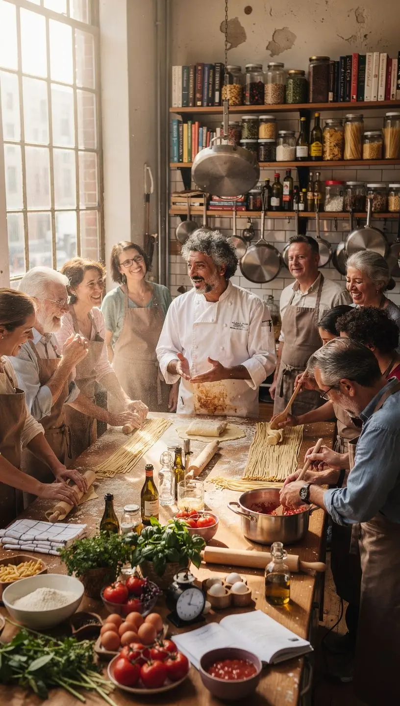 Grupa turystów degustujących tradycyjne potrawy podczas wycieczki kulinarnej.