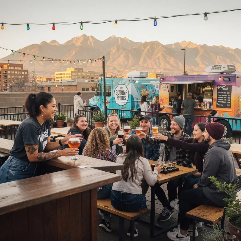 Urokliwa uliczka z food truckami serwującymi różnorodne dania.