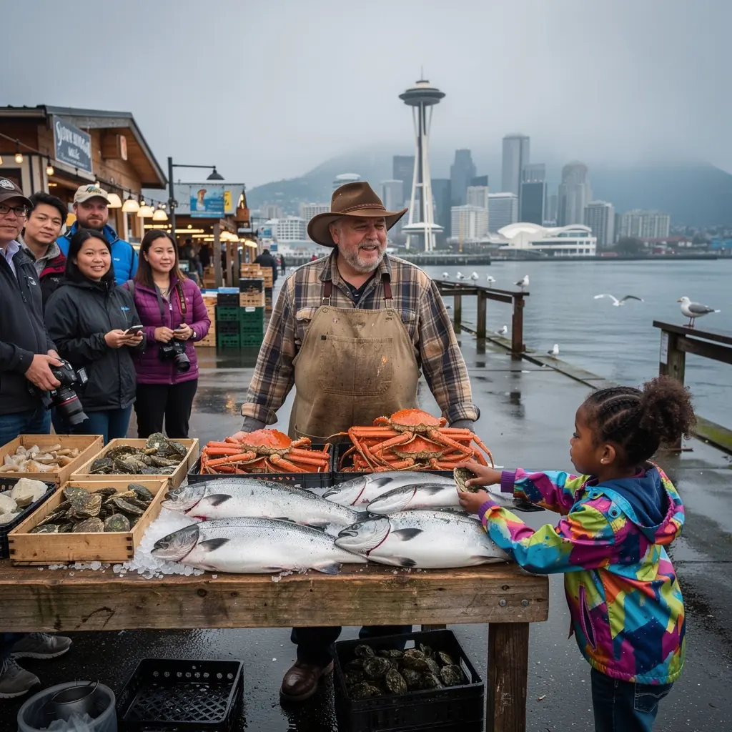Turysta rozmawiający z lokalnym sprzedawcą i poznający historię produktu.